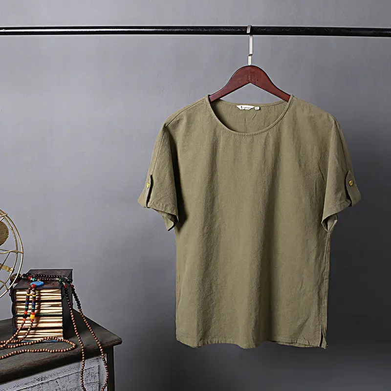 Men's Blue Thin Short Sleeve T-Shirt Cotton Linen Large - Image 6