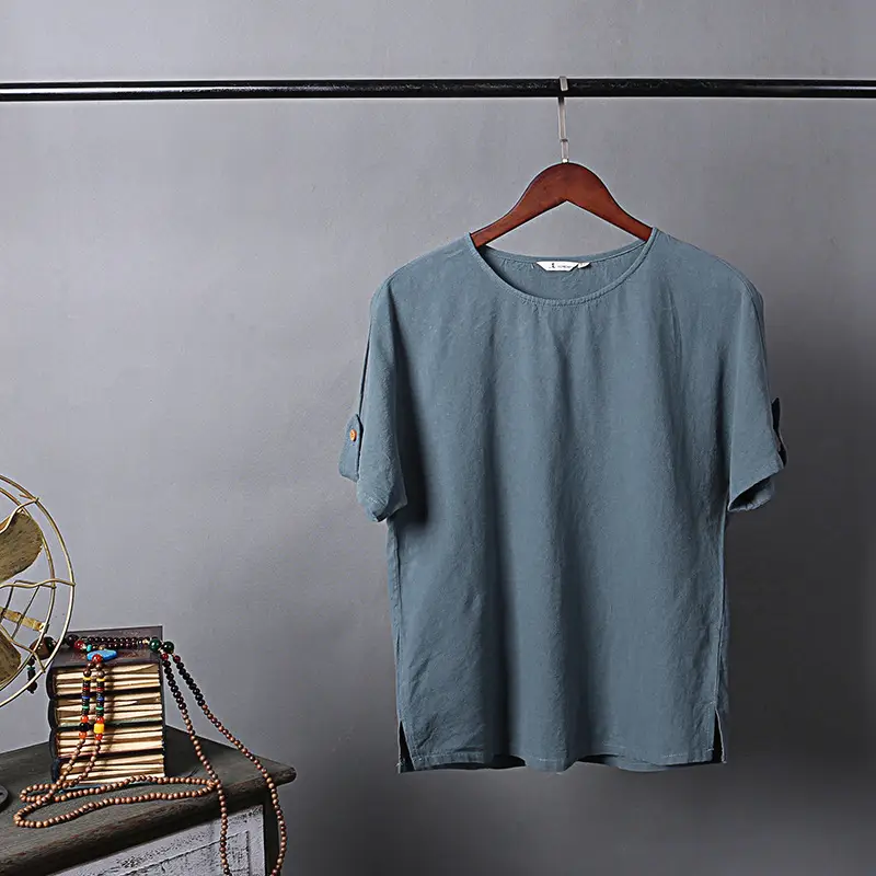 Men's Blue Thin Short Sleeve T-Shirt Cotton Linen Large - Image 7