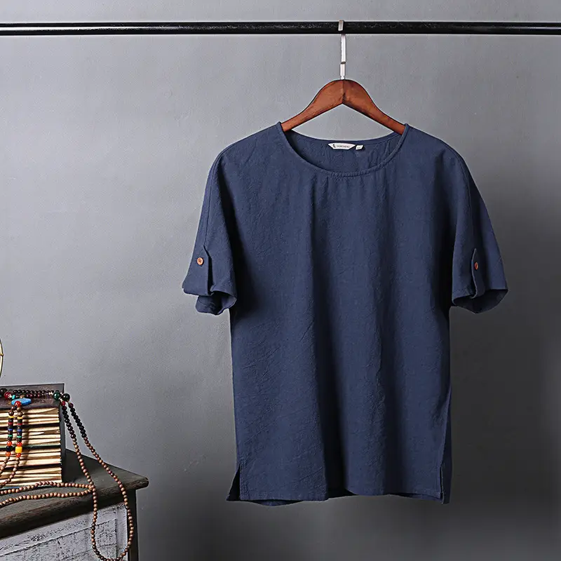 Men's Blue Thin Short Sleeve T-Shirt Cotton Linen Large - Image 8