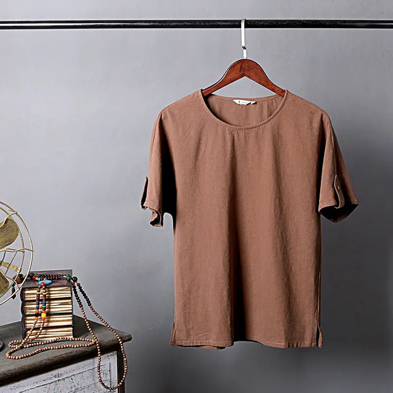 Men's Blue Thin Short Sleeve T-Shirt Cotton Linen Large - Image 9