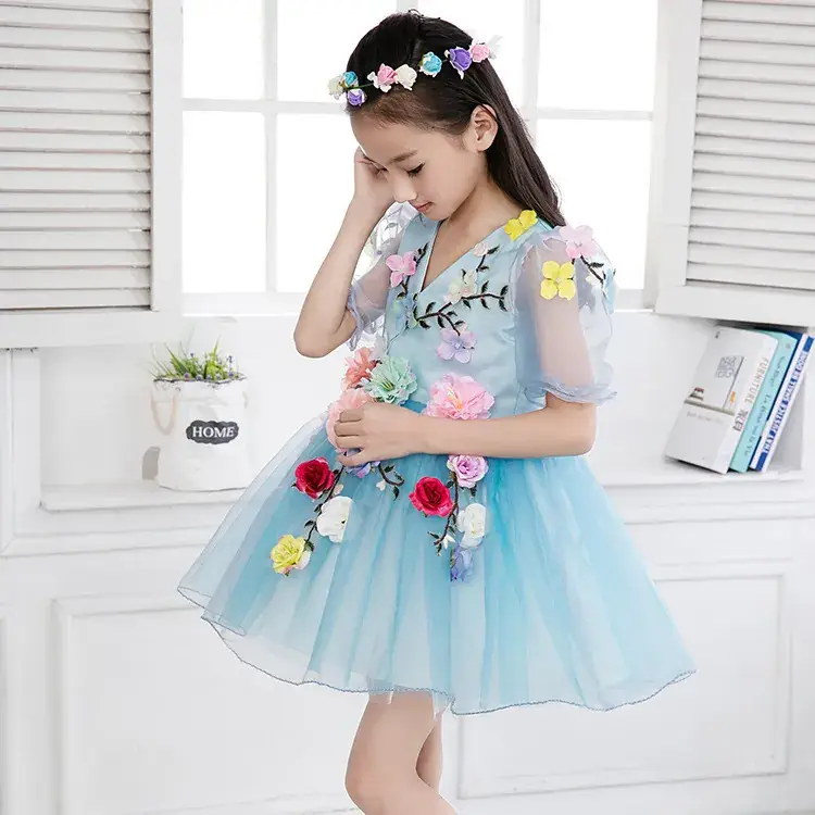 Girls' Blue Floral Long Sleeve Princess Dress