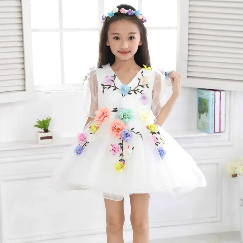 Girls' Blue Floral Long Sleeve Princess Dress