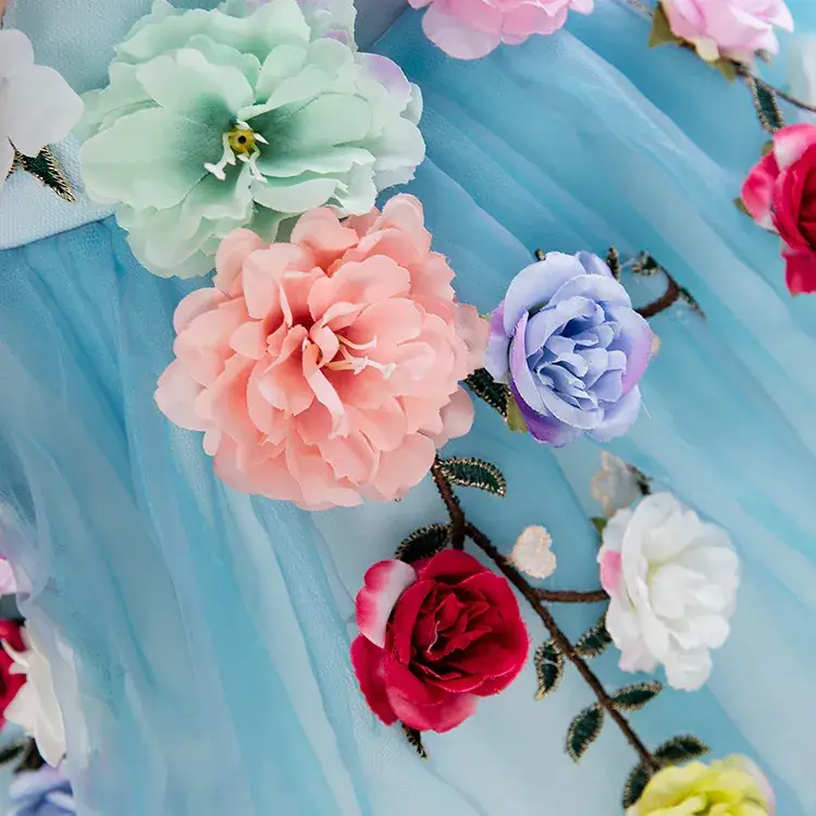 Girls' Blue Floral Long Sleeve Princess Dress