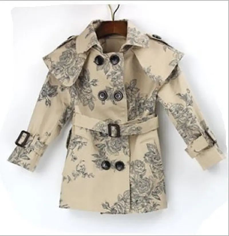 Girls Floral Windbreaker Coat Long Sleeve Beige