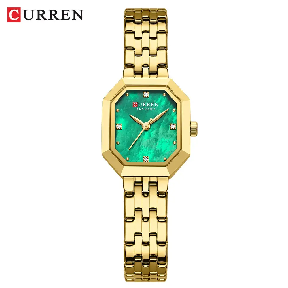 Gold Women's Quartz Watch with Green Dial & Steel Band - Image 6