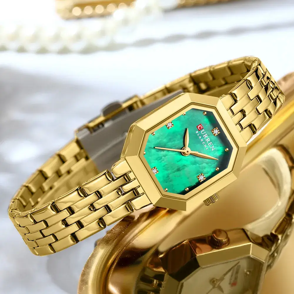 Gold Women's Quartz Watch with Green Dial & Steel Band - Image 7