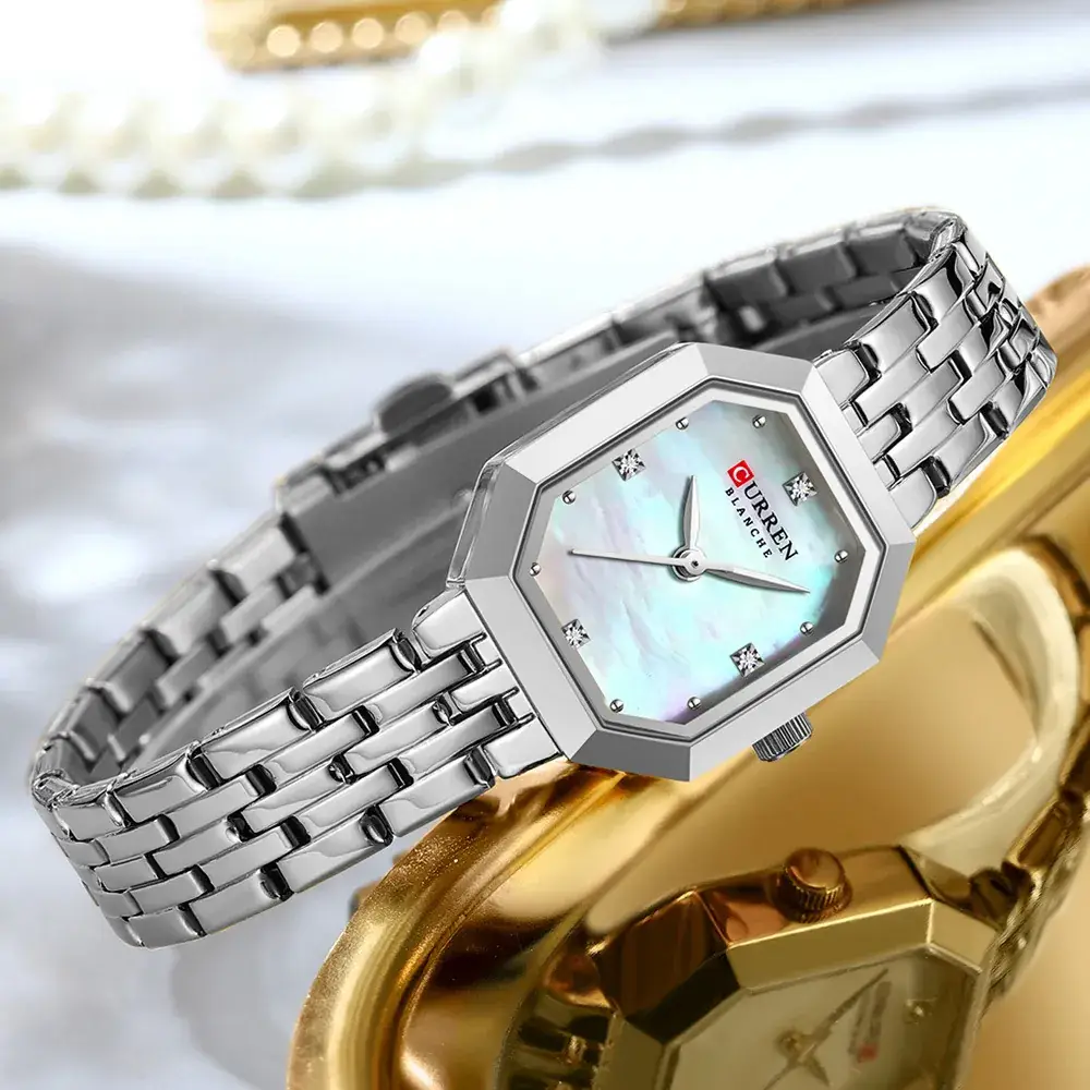 Gold Women's Quartz Watch with Green Dial & Steel Band - Image 8