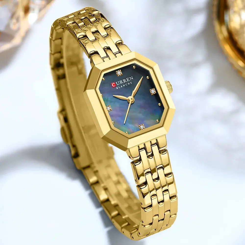Gold Women's Quartz Watch with Green Dial & Steel Band - Image 9