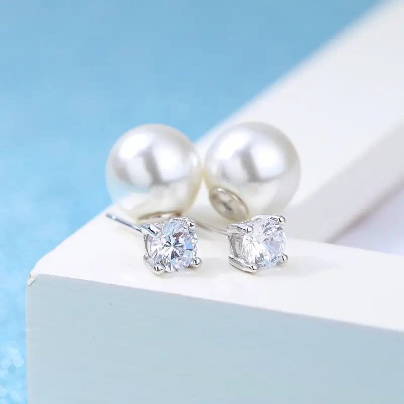 Women's Four Claw Zircon Earrings Pearl Silver Plated