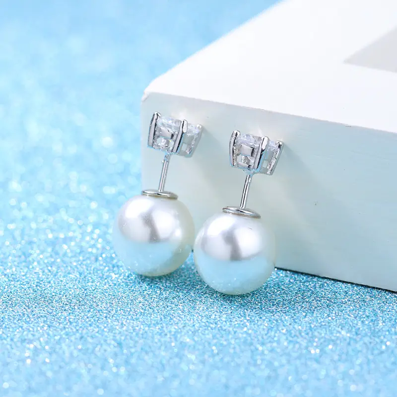Women's Four Claw Zircon Earrings Pearl Silver Plated