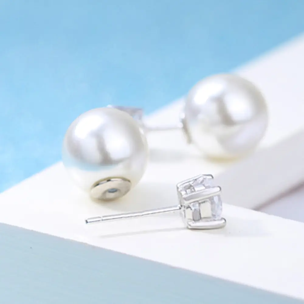 Women's Four Claw Zircon Earrings Pearl Silver Plated