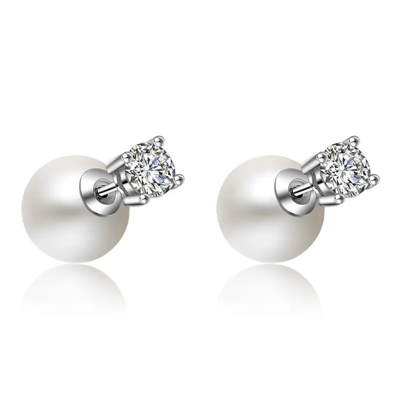 Women's Four Claw Zircon Earrings Pearl Silver Plated