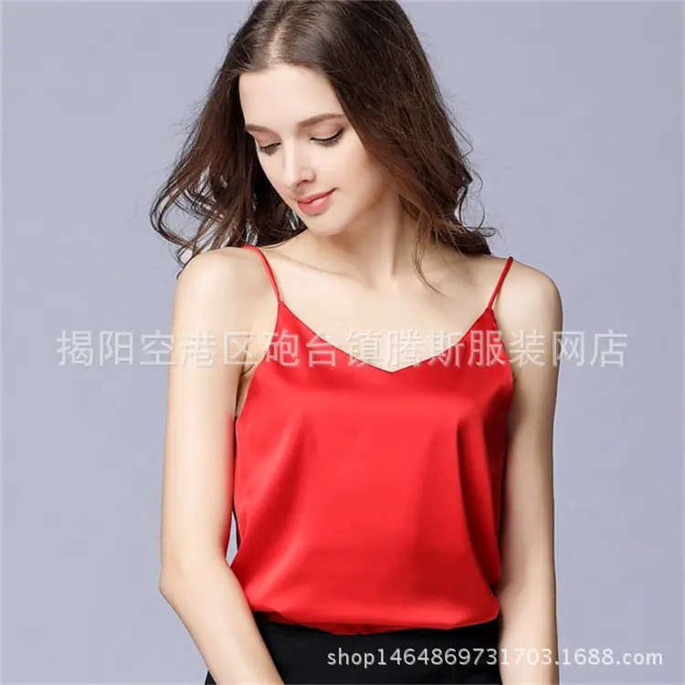 Black V-Neck Stretch Satin Top with Small Strap - Image 3