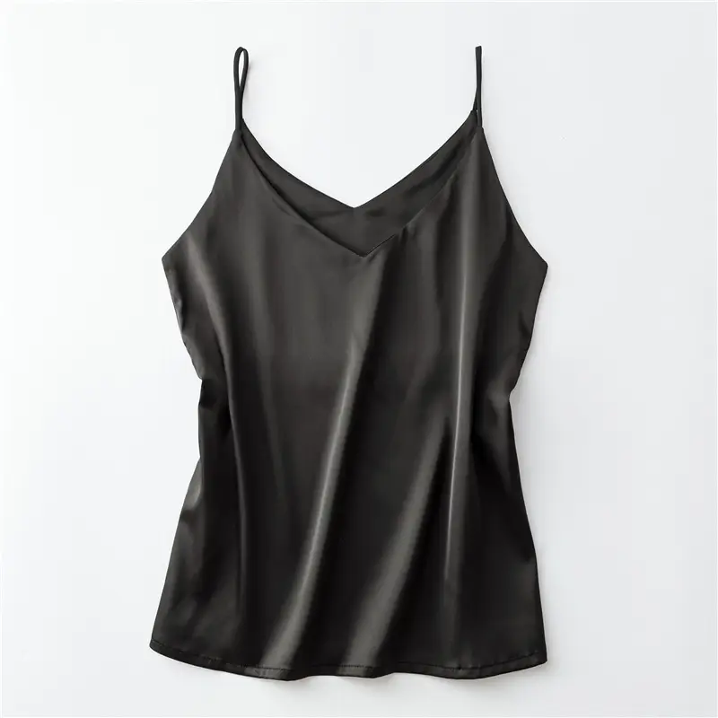 Black V-Neck Stretch Satin Top with Small Strap - Image 5
