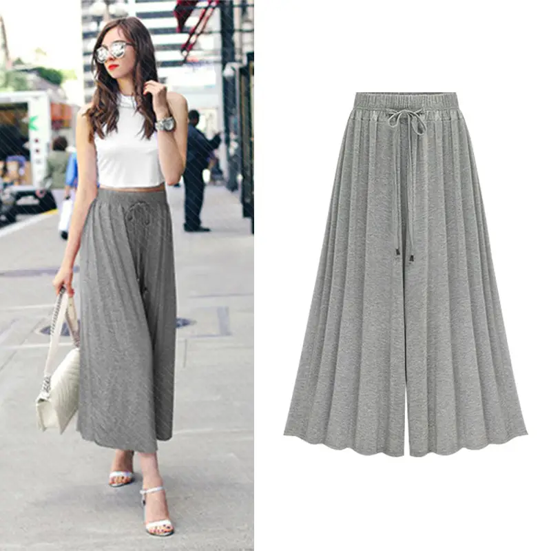Women Wide Leg Pants Grey Summer High Waist - Image 9