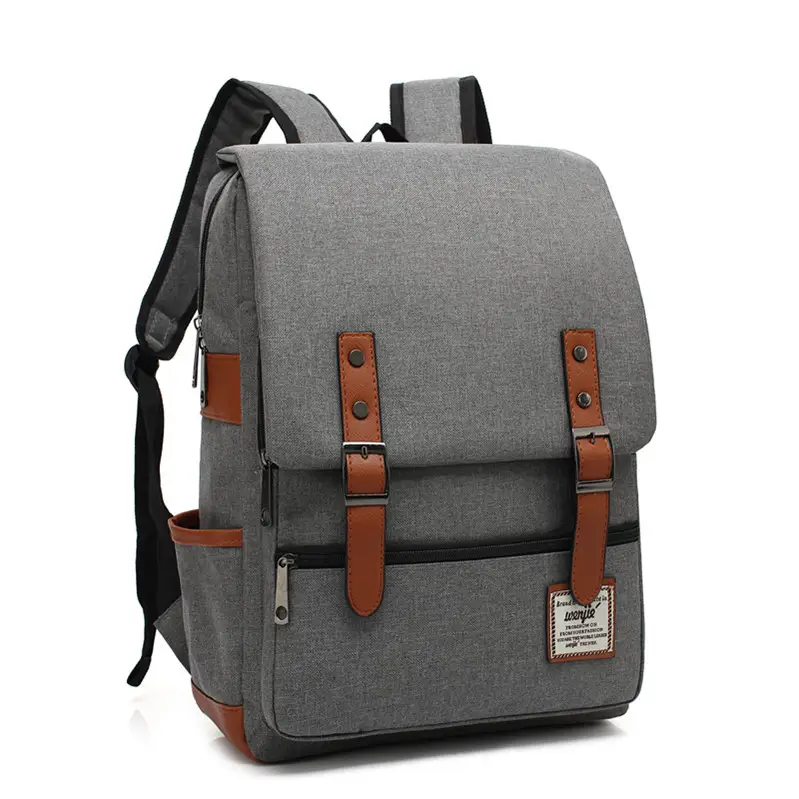 Men Blue Canvas College Backpack with Leather Details - Image 13