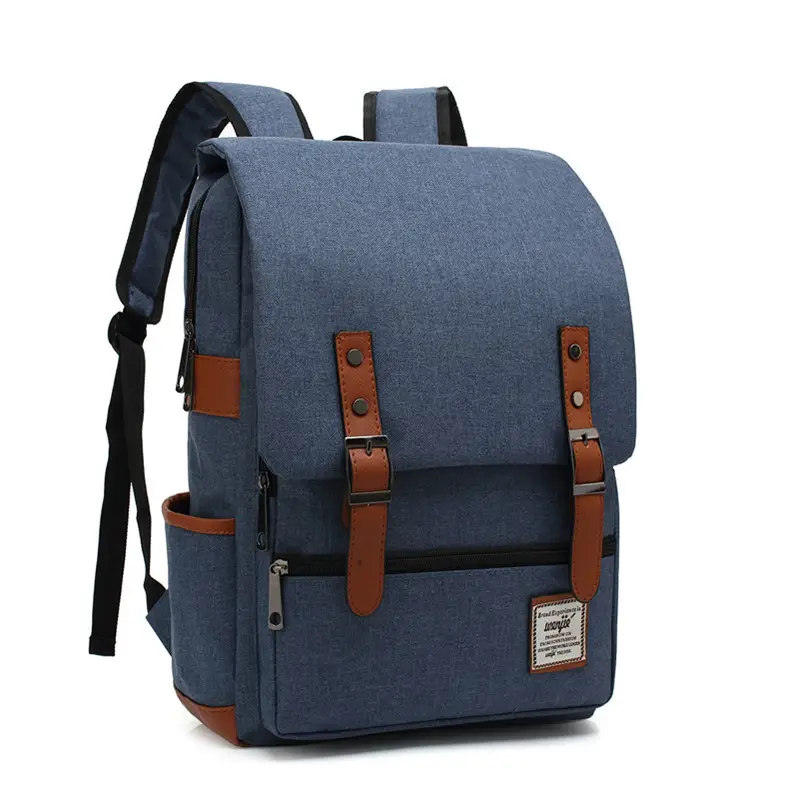 Men Blue Canvas College Backpack with Leather Details - Image 14