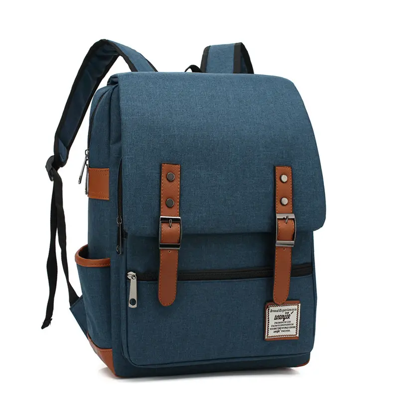 Men Blue Canvas College Backpack with Leather Details - Image 15