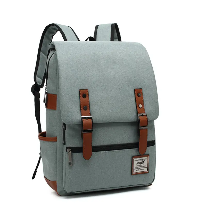 Men Blue Canvas College Backpack with Leather Details - Image 16