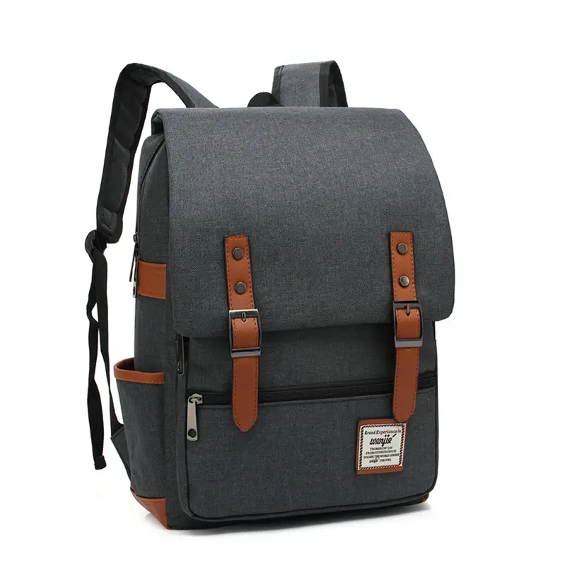 Men Blue Canvas College Backpack with Leather Details - Image 17