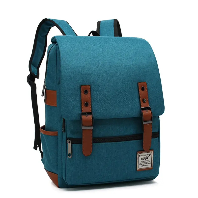 Men Blue Canvas College Backpack with Leather Details - Image 19