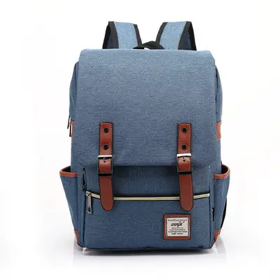 Men Blue Canvas College Backpack with Leather Details - Image 4