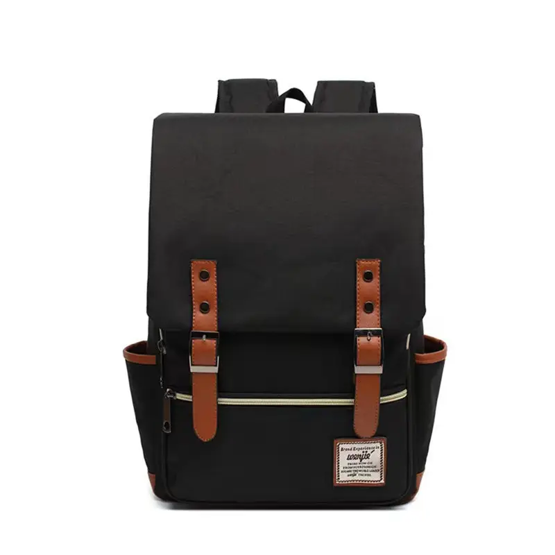 Men Blue Canvas College Backpack with Leather Details - Image 5