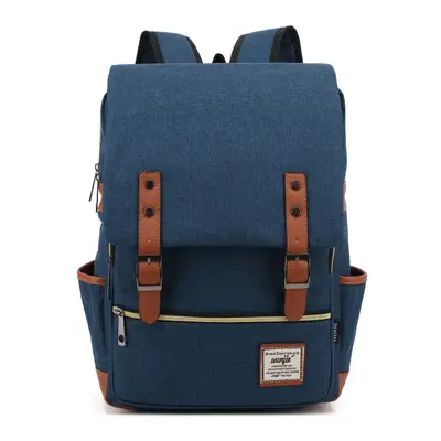 Men Blue Canvas College Backpack with Leather Details - Image 6