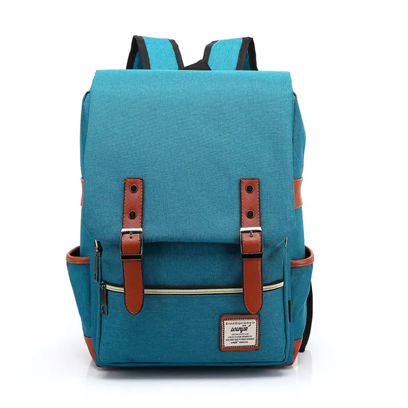 Men Blue Canvas College Backpack with Leather Details - Image 8