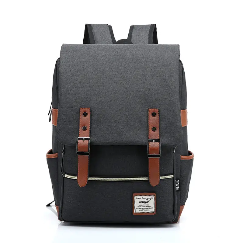 Men Blue Canvas College Backpack with Leather Details - Image 9