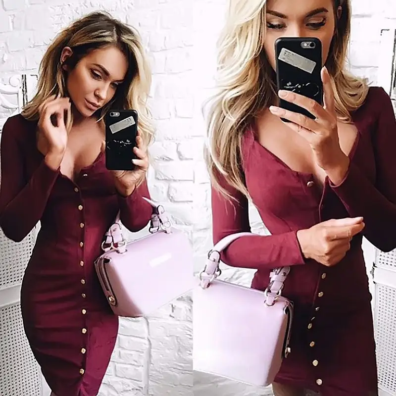 Maroon Hip Dress with Heart Bag & Long Sleeve Button Front
