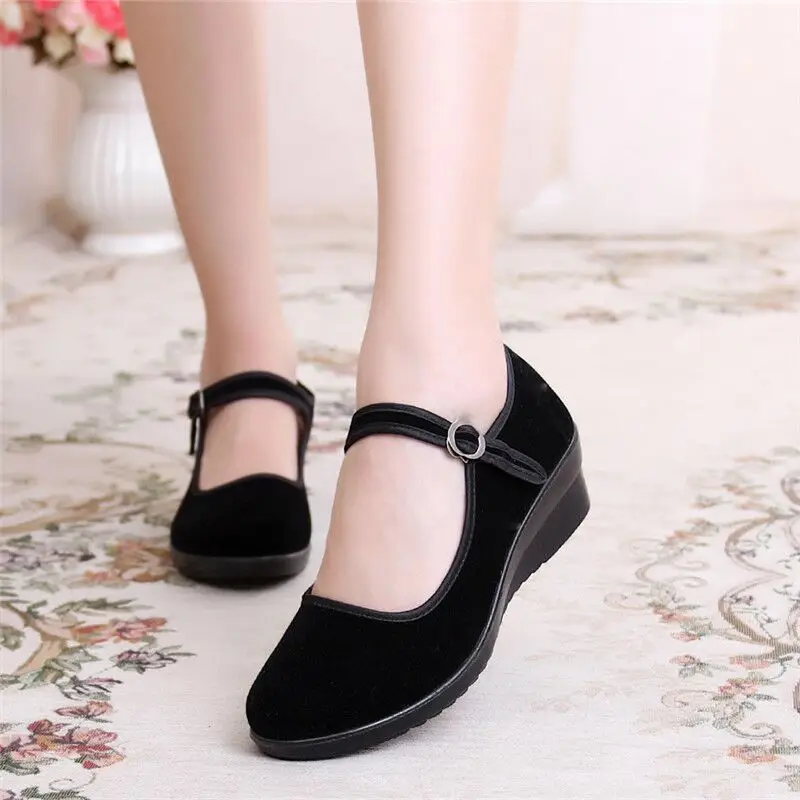 Old Beijing Cloth Shoes Women's Shoes Wedge Heel Black Cloth Shoes Hotel Shoes Work Shoes Middle Heel Dance Etiquette Shoes with Mother Shoes - Image 2