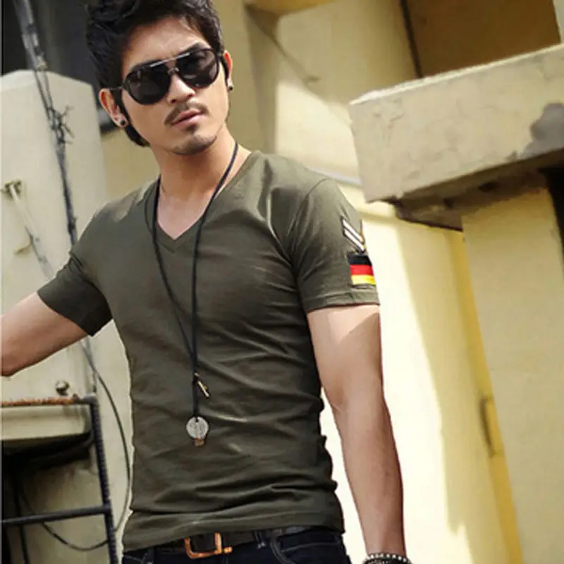 Men Military Style V-neck T-shirt Slim Fit - Image 3