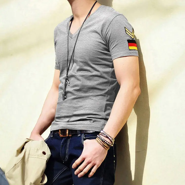 Men Military Style V-neck T-shirt Slim Fit - Image 2