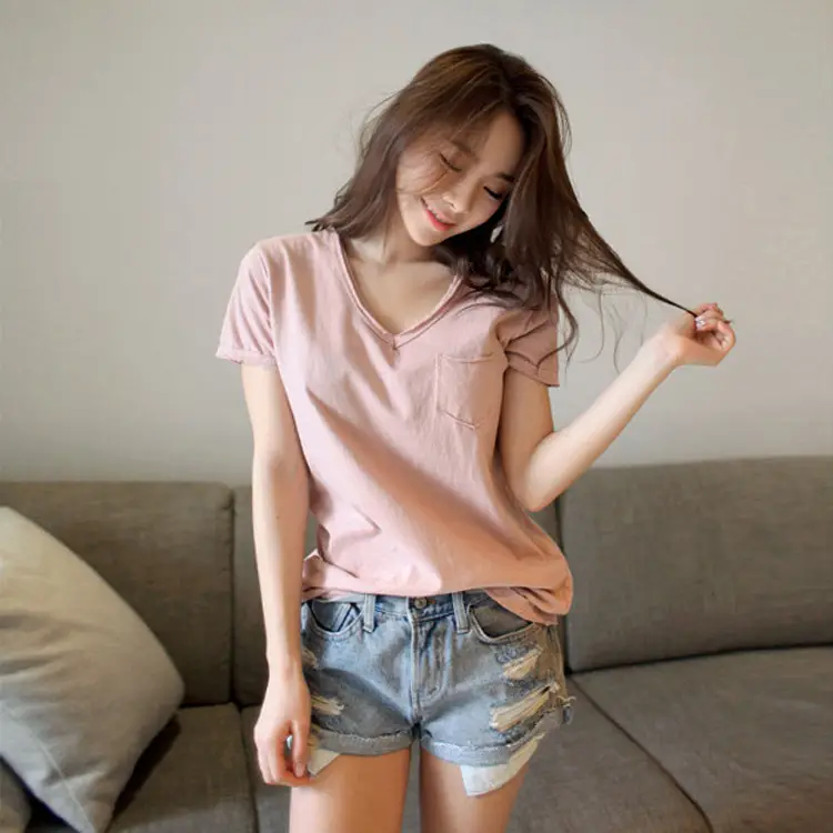 Women V-Neck Cotton T-Shirt Blue Plus Size