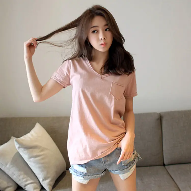 Women V-Neck Cotton T-Shirt Blue Plus Size