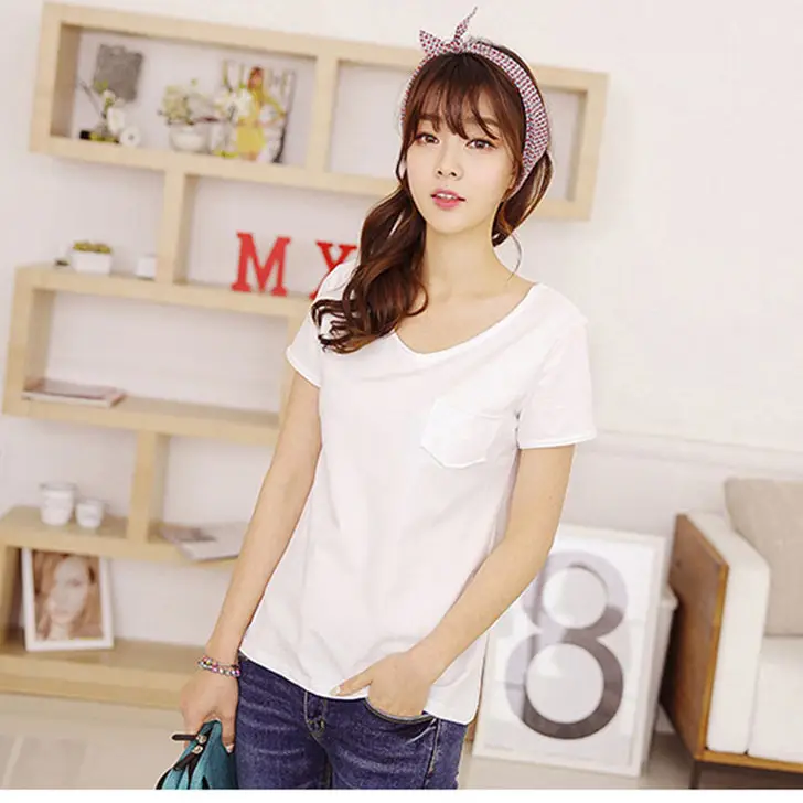 Women V-Neck Cotton T-Shirt Blue Plus Size