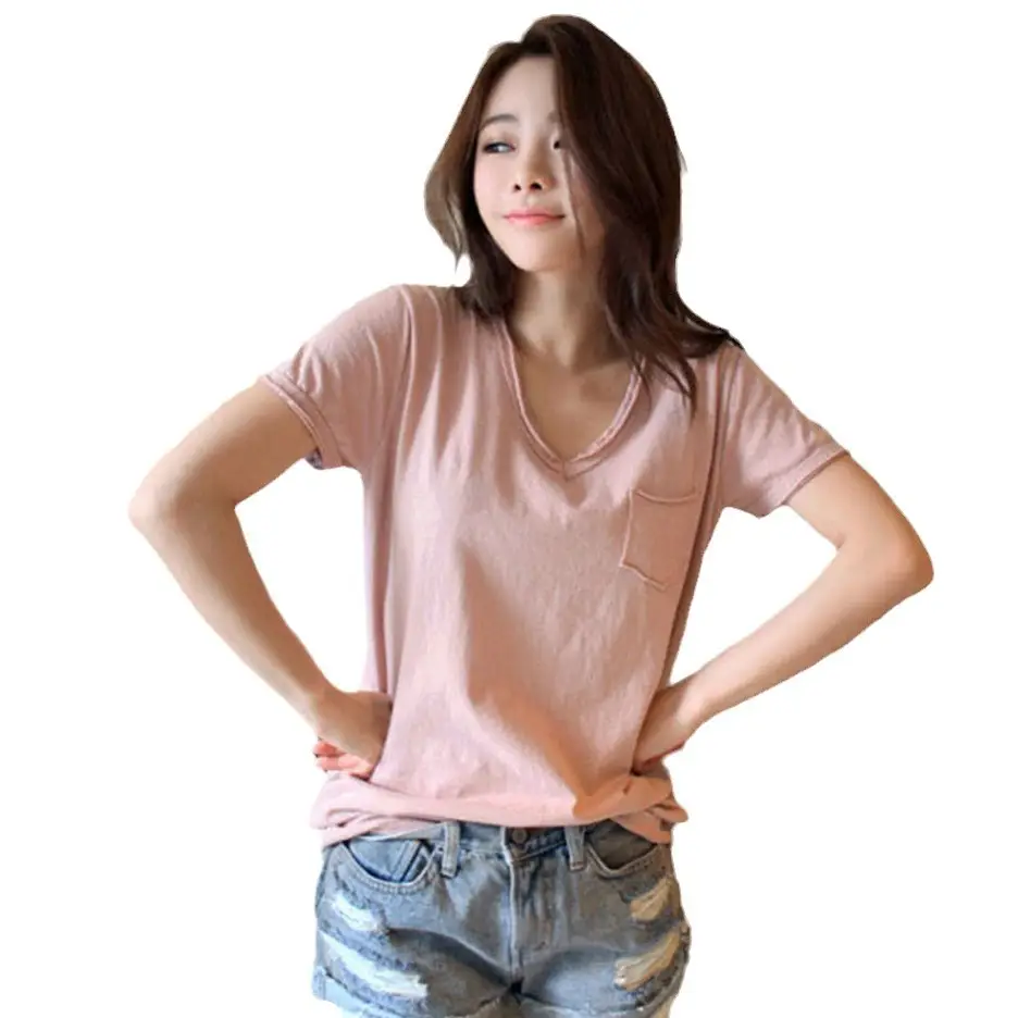 Women V-Neck Cotton T-Shirt Blue Plus Size