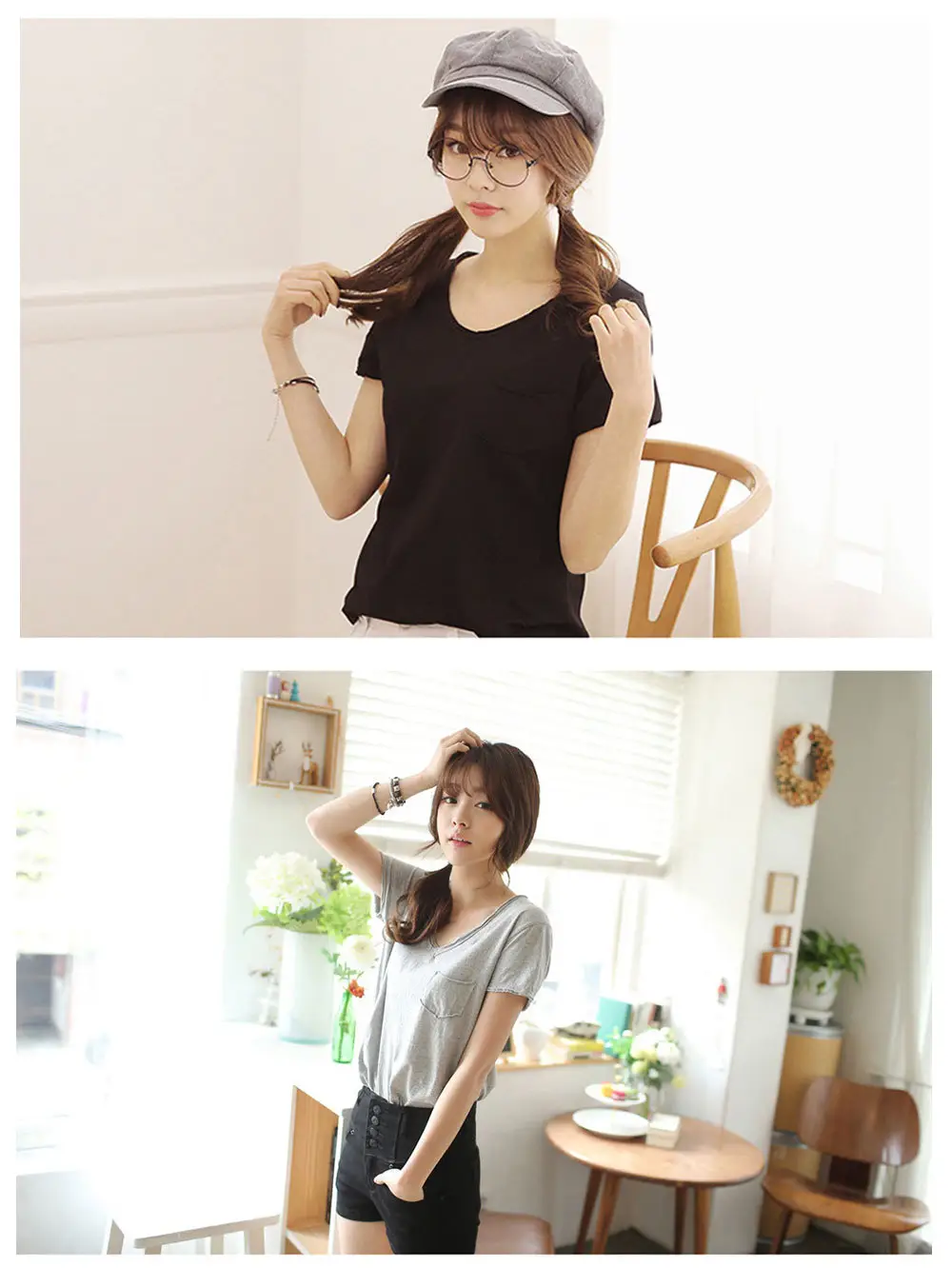 Women V-Neck Cotton T-Shirt Blue Plus Size — feature 6