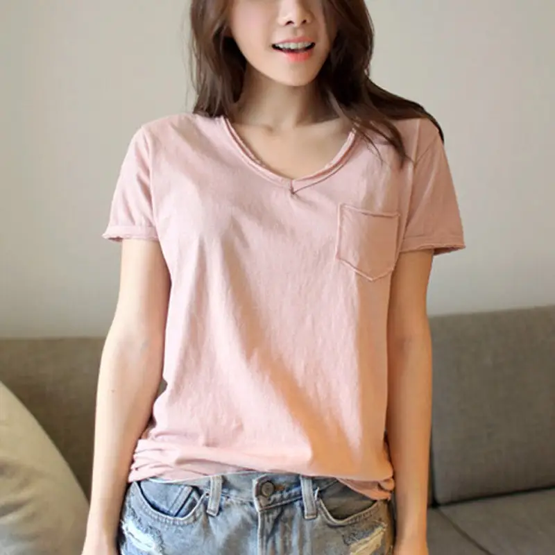 Women V-Neck Cotton T-Shirt Blue Plus Size