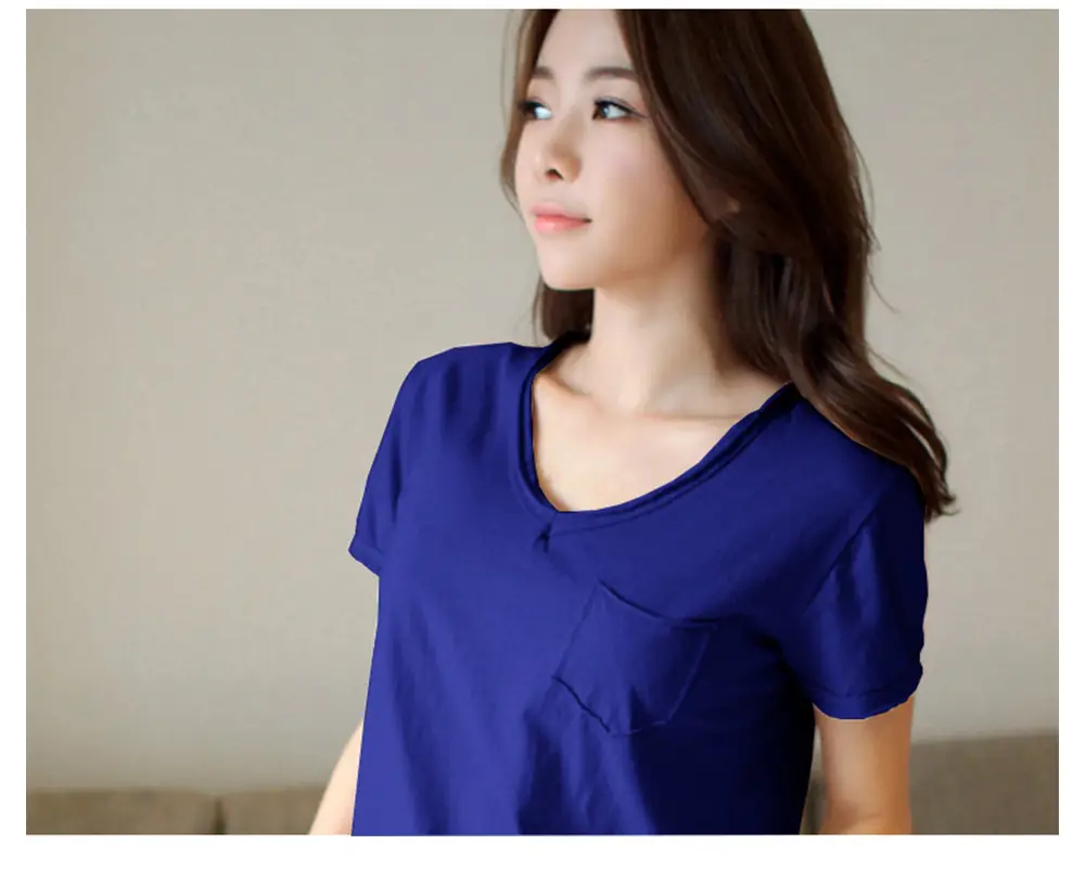 Women V-Neck Cotton T-Shirt Blue Plus Size