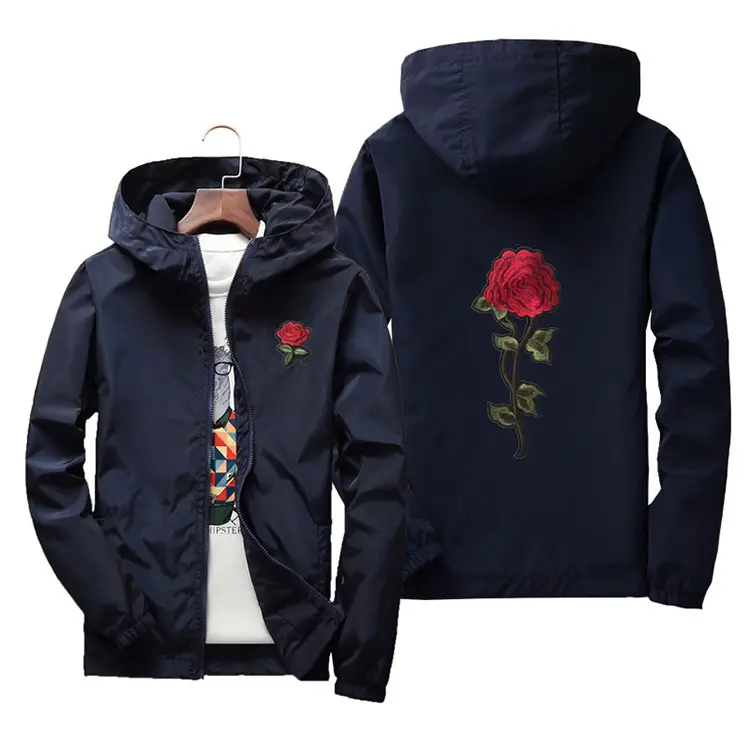 Men Blue Embroidered Hoodie Jacket Large Spring Autumn - Image 5
