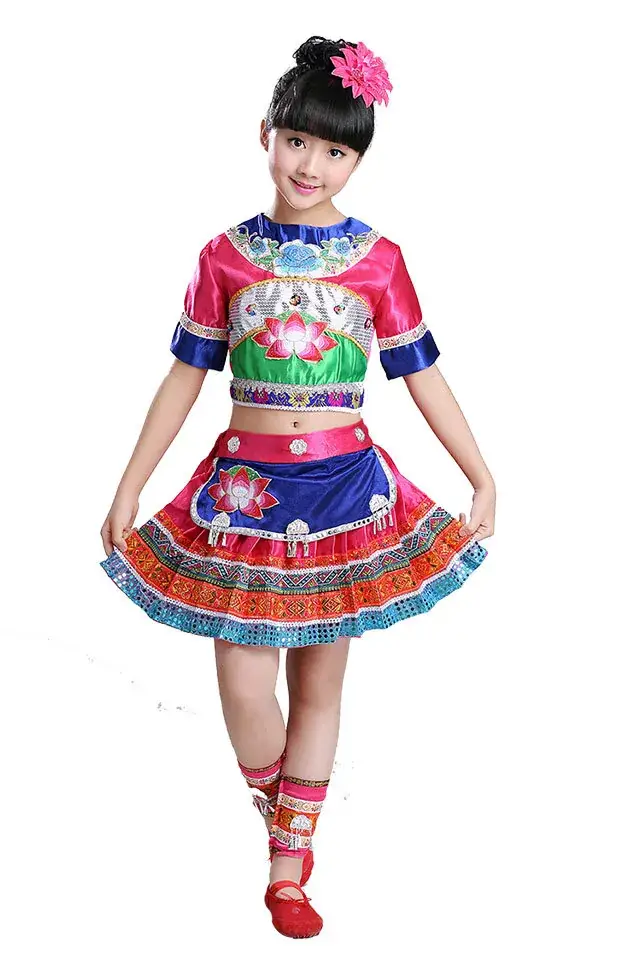 Children's Miao Zhuang Yi Dance Skirt Gourd Silk Costume - Image 3