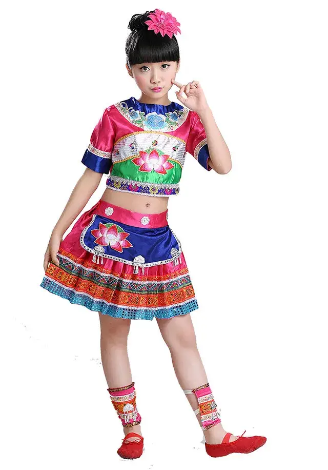 Children's Miao Zhuang Yi Dance Skirt Gourd Silk Costume - Image 4