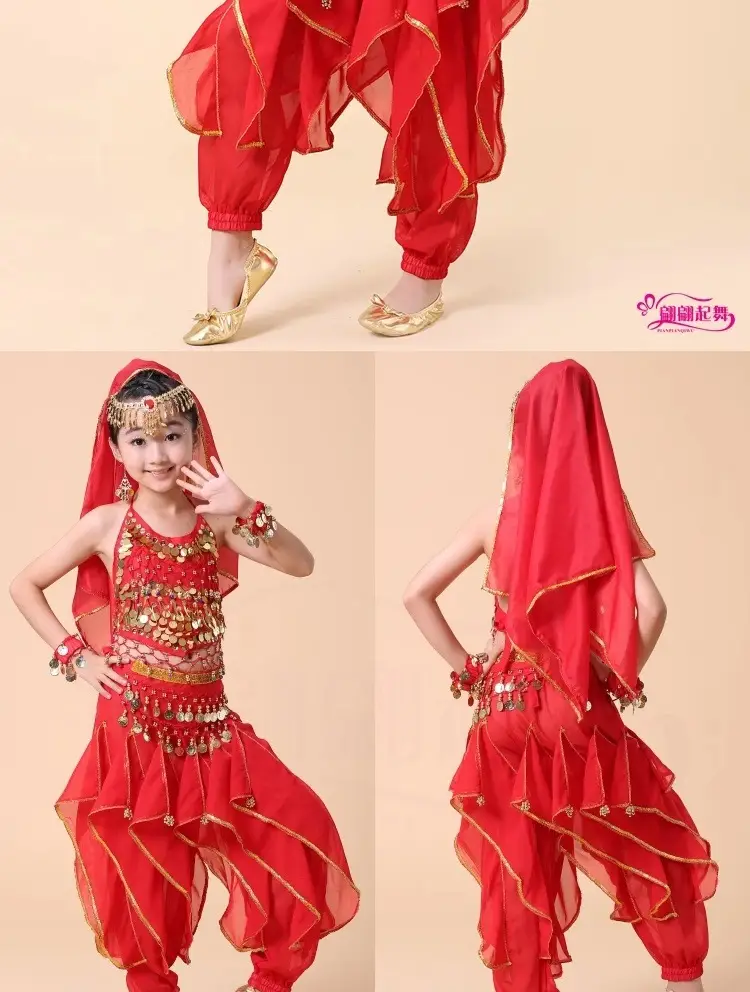 Girls Indian Dance Belly Dance Costume Red Pajama Set — feature 9