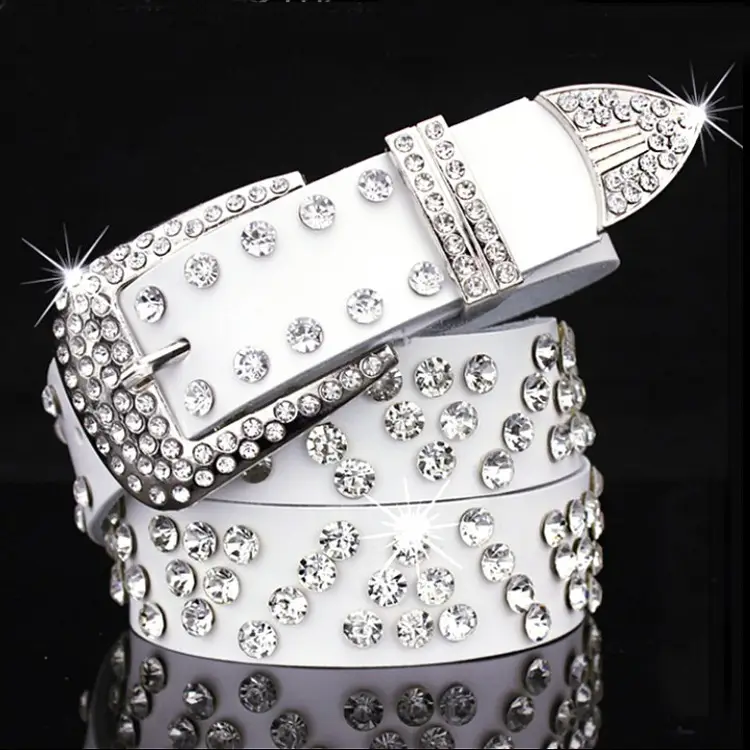 Women's Black Leather Belt with Diamond Rhinestone Buckle - Image 14