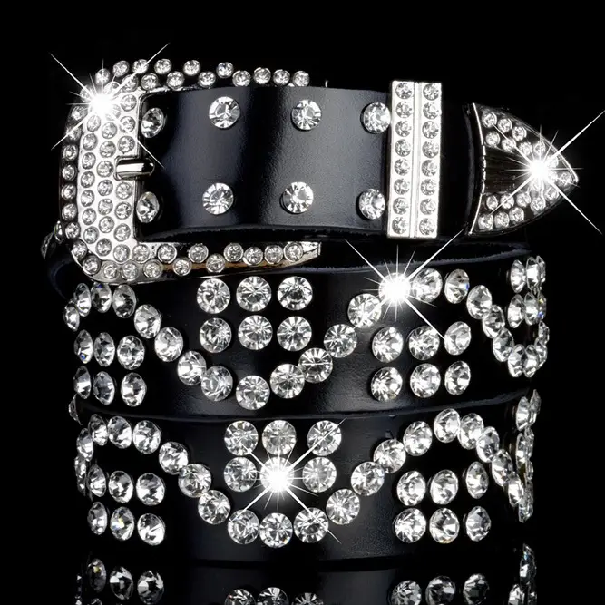 Women's Black Leather Belt with Diamond Rhinestone Buckle - Image 6