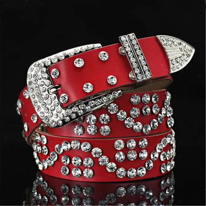Women's Black Leather Belt with Diamond Rhinestone Buckle - Image 7