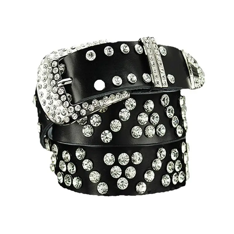 Women's Black Leather Belt with Diamond Rhinestone Buckle - Image 16
