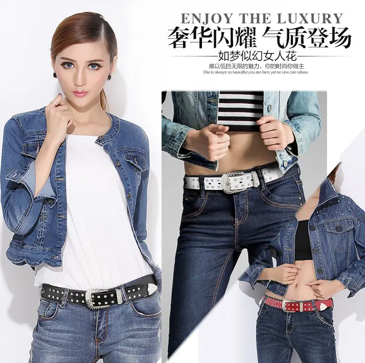 Women's Black Leather Belt with Diamond Rhinestone Buckle — feature 2